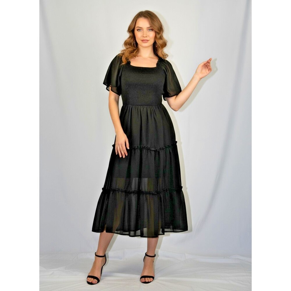Lillusory Black NWT Tiered Cottagecore Stretch Waist Puff Sleeve Dress SZ M